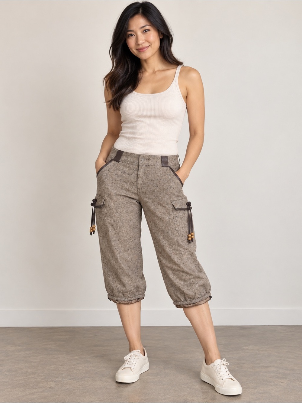 Arden B Brown Tweed Cargo Capri Pants Size S Wool Silk Leather Trim | 3 for $20